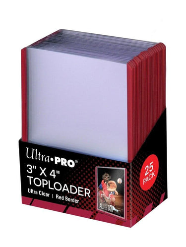 Box of Ultra Pro 3x4 toploaders with red border and clear sheets.
